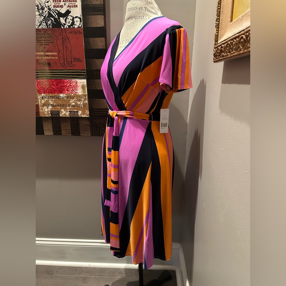 Donna Morgan Pink, Orange & Black Striped Faux-Wrap Midi Dress - Picture 3 of 10